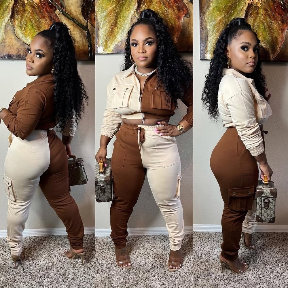Colorblock Brown & Cream Skinny 2pc pants set - Women